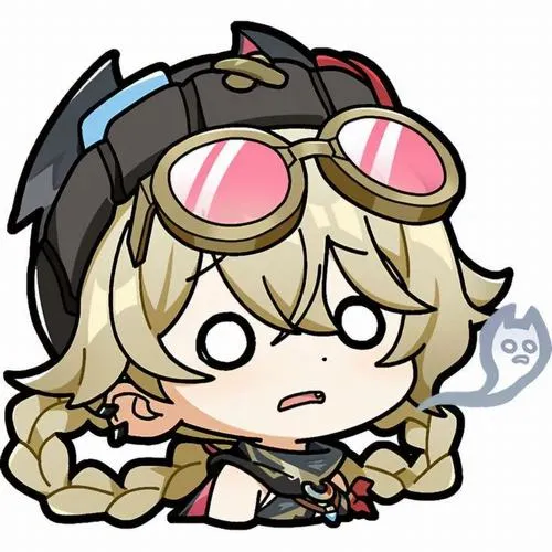 Hình Bennett chibi mặt ngơ, kính trên mũ, má ửng hồng, nền trắng, nhìn vui.