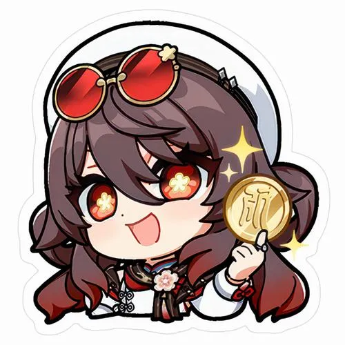 Ảnh Amber chibi tóc nâu, kính đỏ trên đầu, cười rạng rỡ, phụ kiện rõ, rất đẹp.