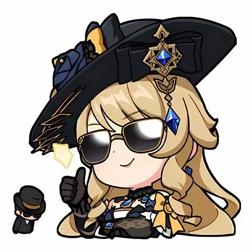 Hình Navia chibi đội mũ đen, đeo kính râm, tạo dáng ngầu, kiểu sticker gọn.