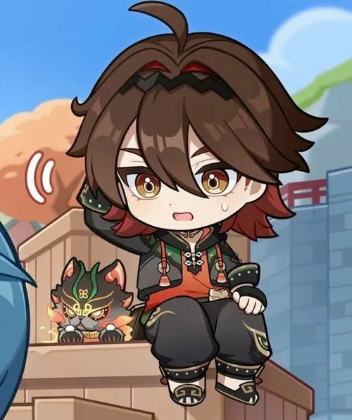 Ảnh Gaming chibi ngồi ngoài trời, tóc nâu, dáng thư giãn, nền cảnh nhẹ, nhìn gần gũi.