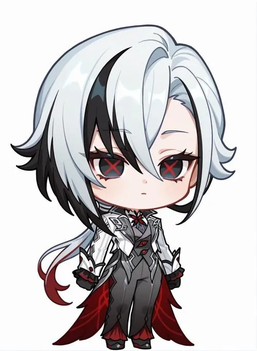 Hình Kaedehara Kazuha chibi tóc trắng vệt đỏ, đứng trầm, tông tối, hợp avatar ngầu.