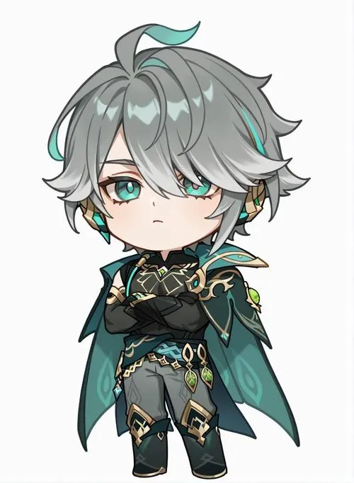 Ảnh Alhaitham chibi tóc xanh, áo choàng gọn, ánh mắt lạnh, nền trắng, nhìn đẹp.
