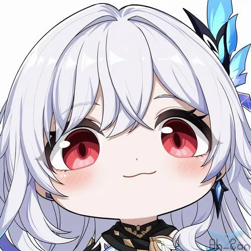 Ảnh Arlecchino chibi cận mặt, tóc trắng, mắt đỏ long lanh, nền tối giản nhìn đẹp.