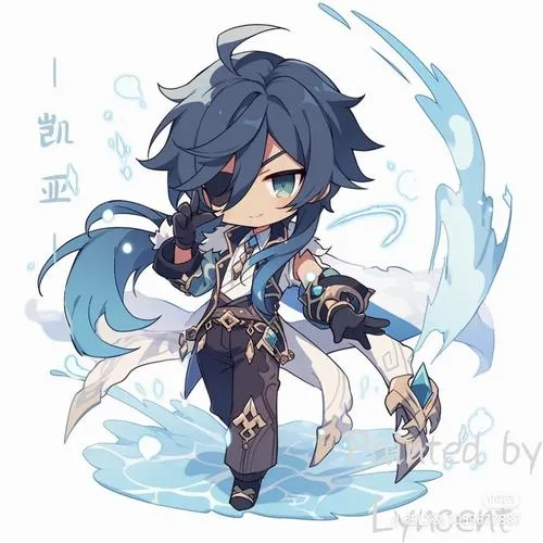 Hình Xingqiu chibi tóc xanh đậm, hiệu ứng nước xoáy quanh người, nét sạch, hợp avatar.