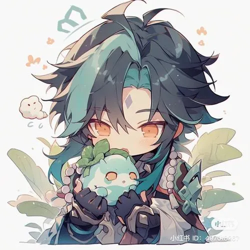Ảnh Xiao chibi ngồi giữa lá xanh, ôm sinh vật nhỏ, hiệu ứng lấp lánh nhẹ, ấm áp.