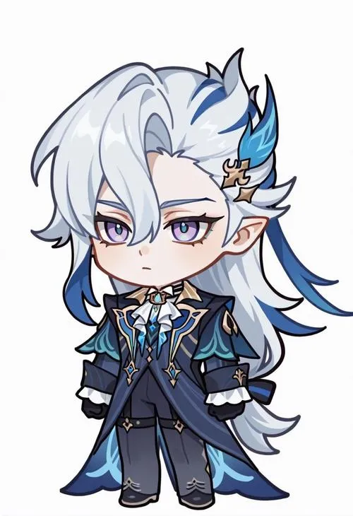 Hình Neuvillette chibi tóc bạc xanh, đứng nghiêm, trang phục gọn, nền trắng sạch mắt.