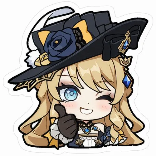 Hình Navia chibi tóc vàng, mũ đen, nháy mắt tinh nghịch, kiểu sticker viền rõ.
