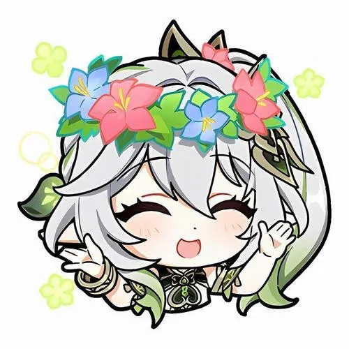 Ảnh Nahida chibi cười tít, vòng hoa lá, tông xanh dịu, cảm giác nhẹ nhàng đẹp.