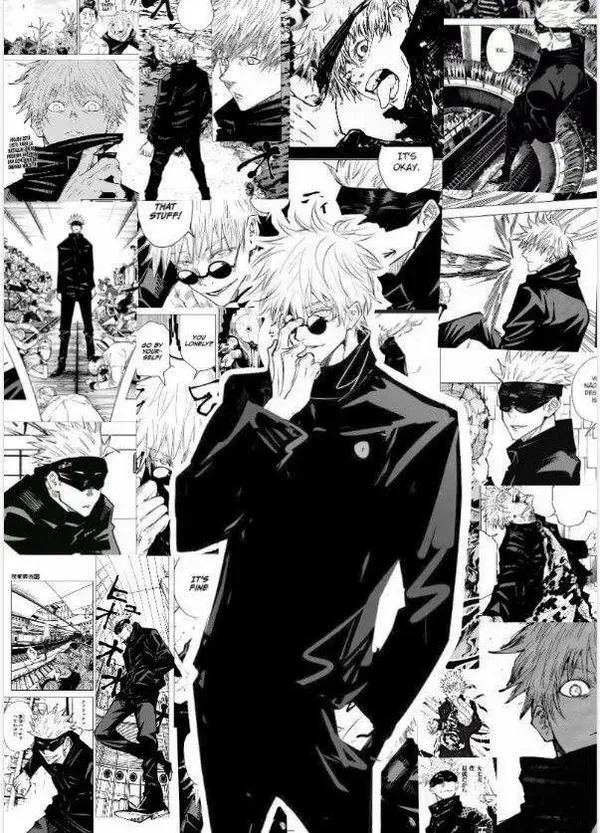 Ảnh Gojo trắng đen đứng giữa phố, collage nhiều panel, bóng đổ sâu tạo không khí lạnh.