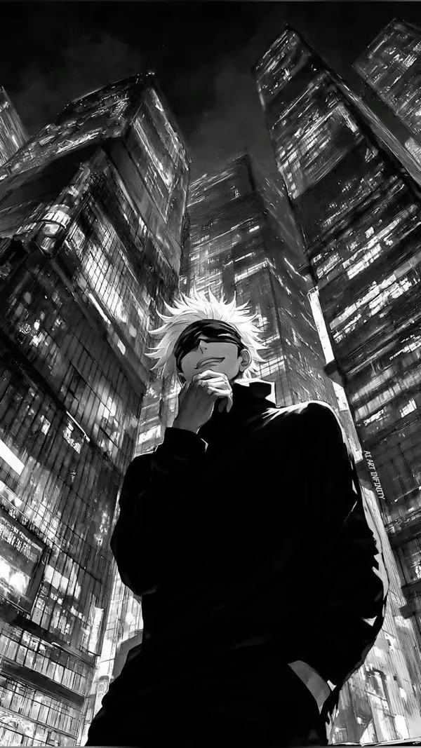 Ảnh Gojo manga trắng đen trong ngõ tối, mưa rơi và bóng đổ kéo dài, rất ngầu.