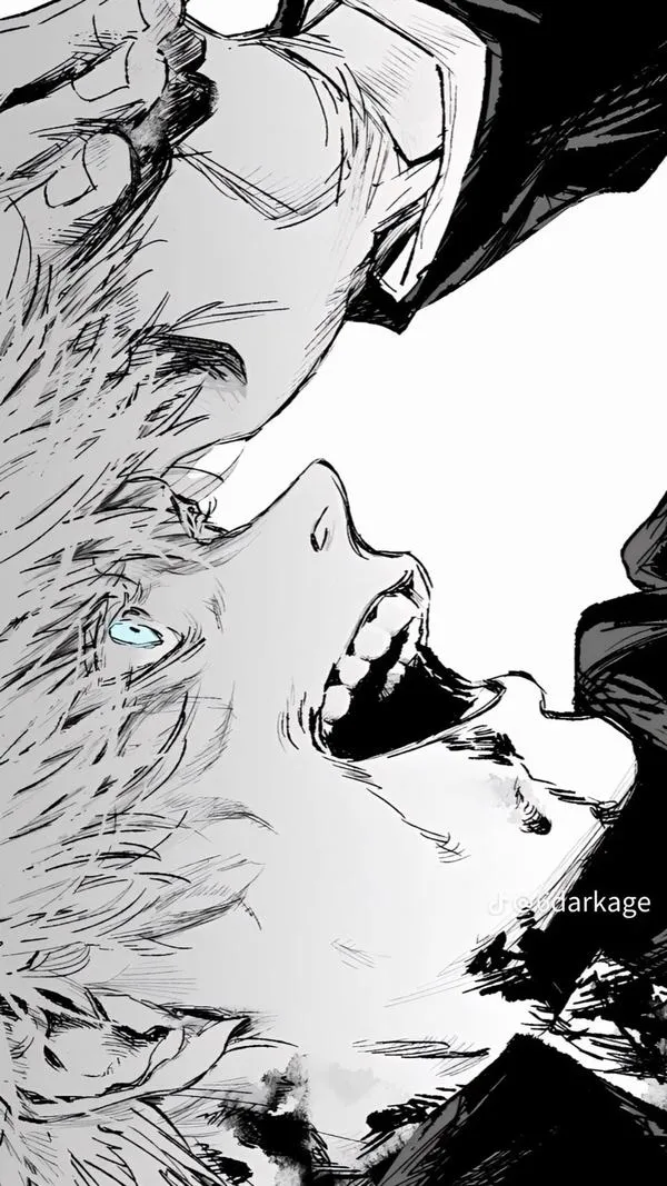 Hình cận nghiêng Gojo manga, ánh mắt sắc, nền trắng nhiều, tạo cảm giác im lặng nặng đô.