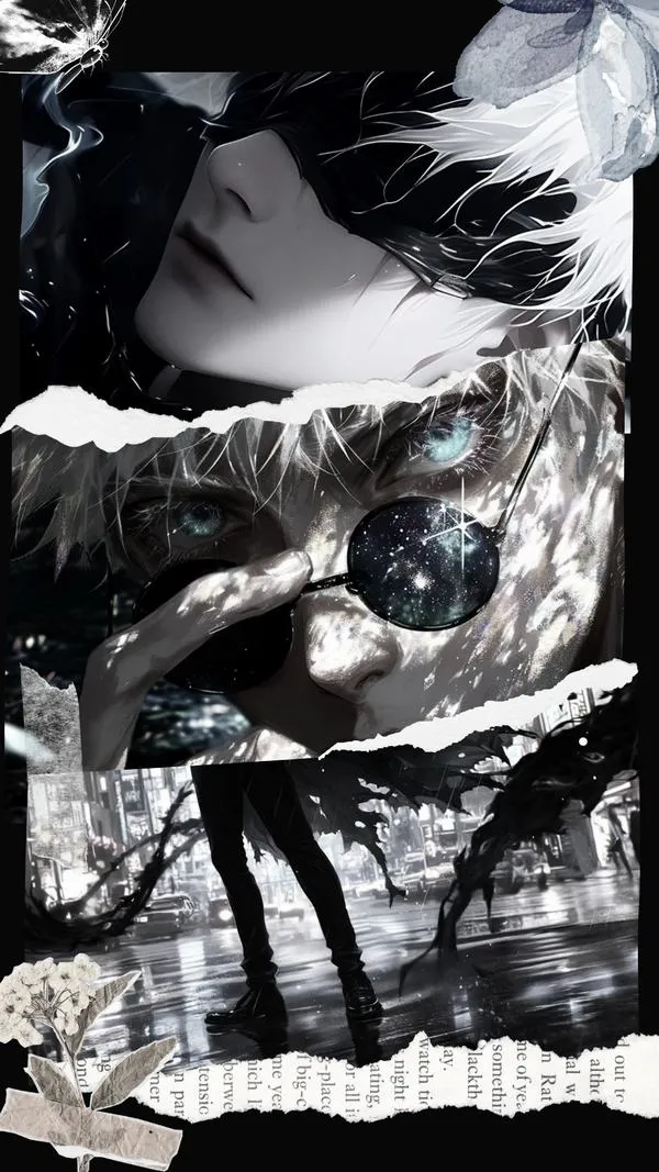 Ảnh Gojo chiến đấu, mảng đen xoáy quanh, điểm sáng như Lục Nhãn, nhịp cảnh cực gắt.