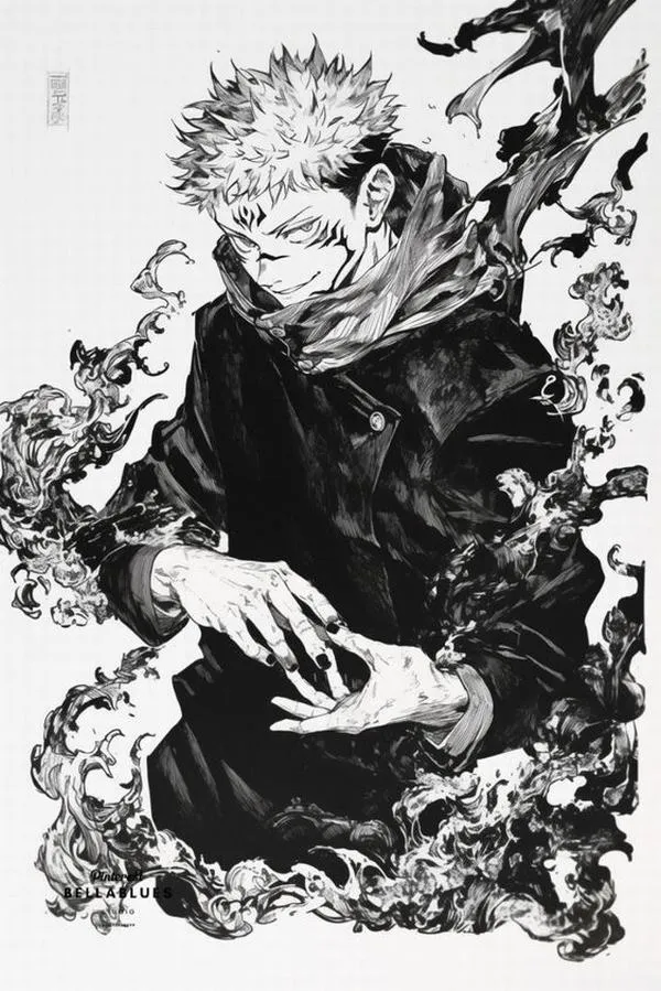 Ảnh fanart Gojo ngồi xếp bằng, khói mực lan, tương phản cao, hợp làm hình nền anime.