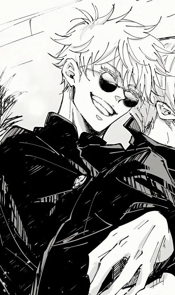 Hình Gojo cười nửa miệng, tay vươn ra, đường lực sắc, tạo cảm giác Thiên thượng thiên hạ.