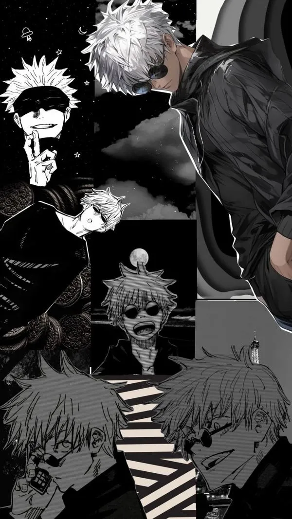 Ảnh collage Gojo cùng đồng đội, nhiều khung truyện xếp lớp, giữ chất manga nguyên bản.