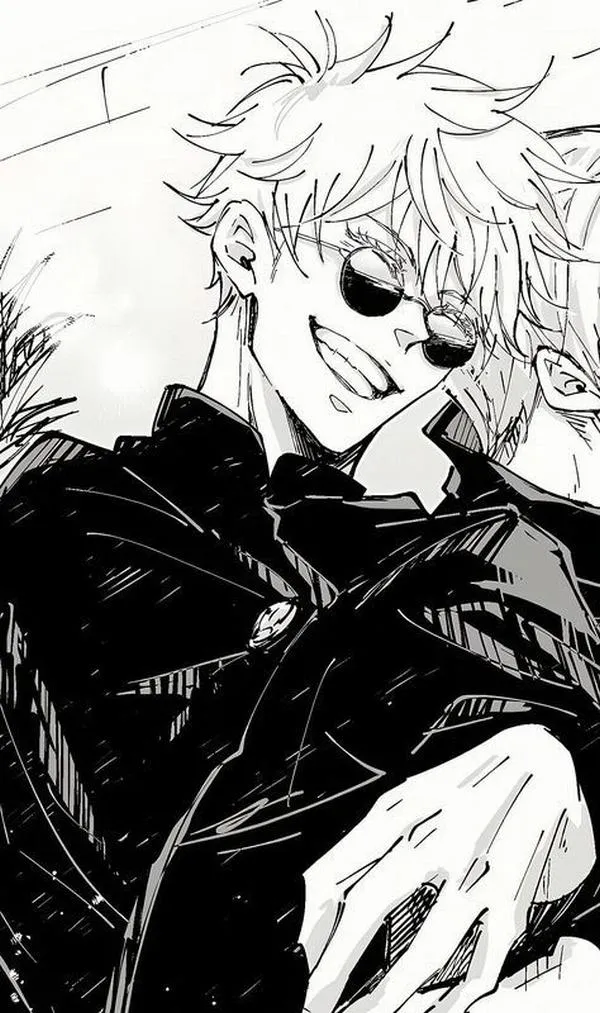 Ảnh Gojo áo đen, cận tay và cổ áo, mảng rỗng rộng giúp bố cục thoáng mà mạnh.