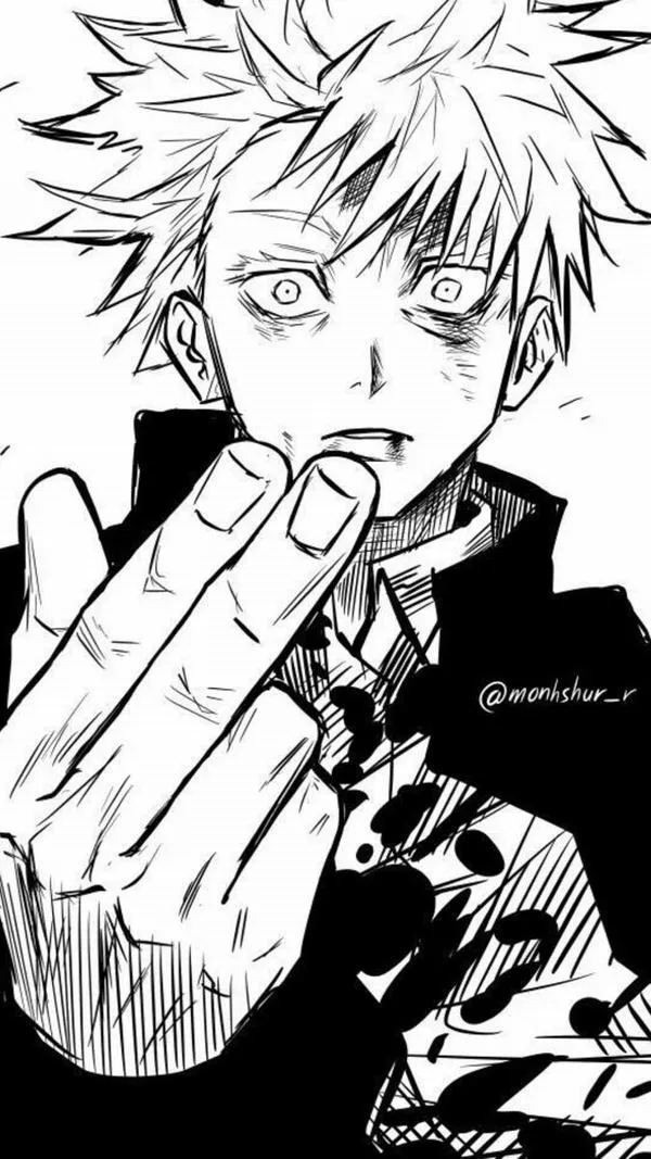 Hình Gojo tạo dấu hai ngón, nét vẽ tối giản, khoảng trắng dày, hợp đăng tin gọn đẹp.