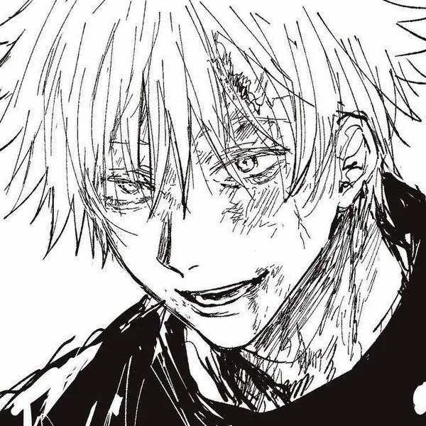 Ảnh cận mặt Gojo với nụ cười điên rồ, nét gạch dày, tương phản mạnh đầy áp lực.