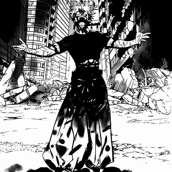 Hình Gojo đứng giữa đống đổ nát, tay giơ cao, khung truyện rộng như mở Vô Lượng Không Xứ.