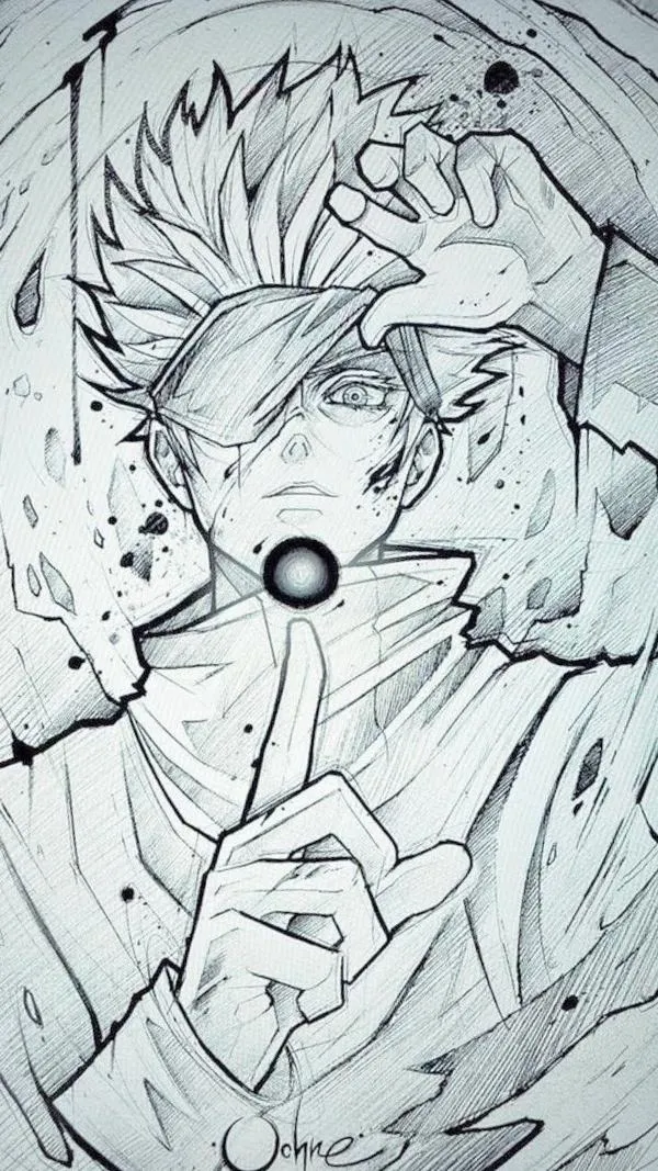 Ảnh Gojo trắng đen kiểu thức tỉnh, cận mặt và ấn chú tay, khoảng trắng tạo độ nén.