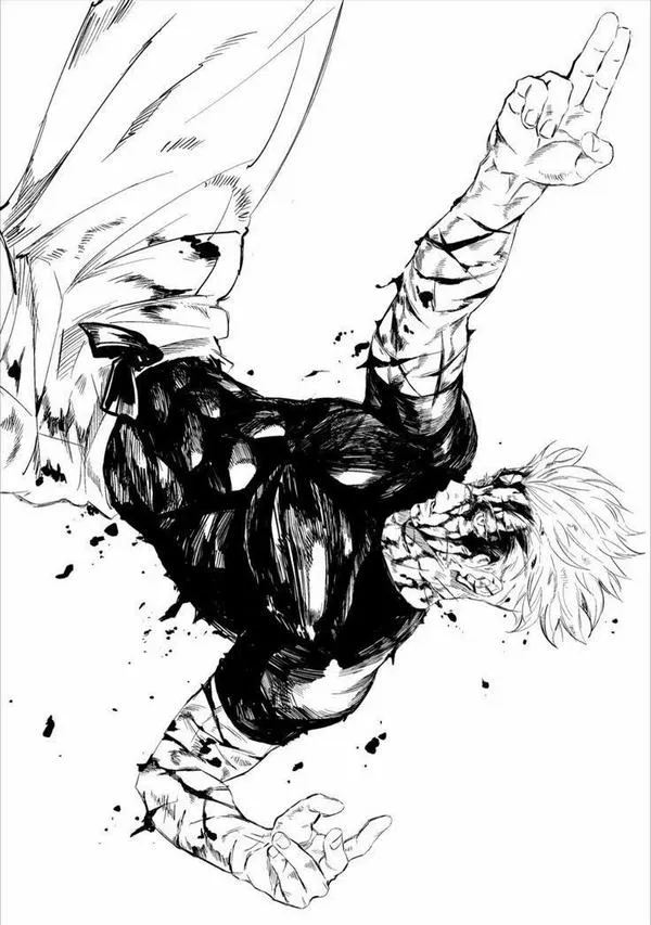 Hình Gojo tư thế chắp tay, khớp ngón rõ nét, mực đậm tạo điểm rơi rất đã mắt.