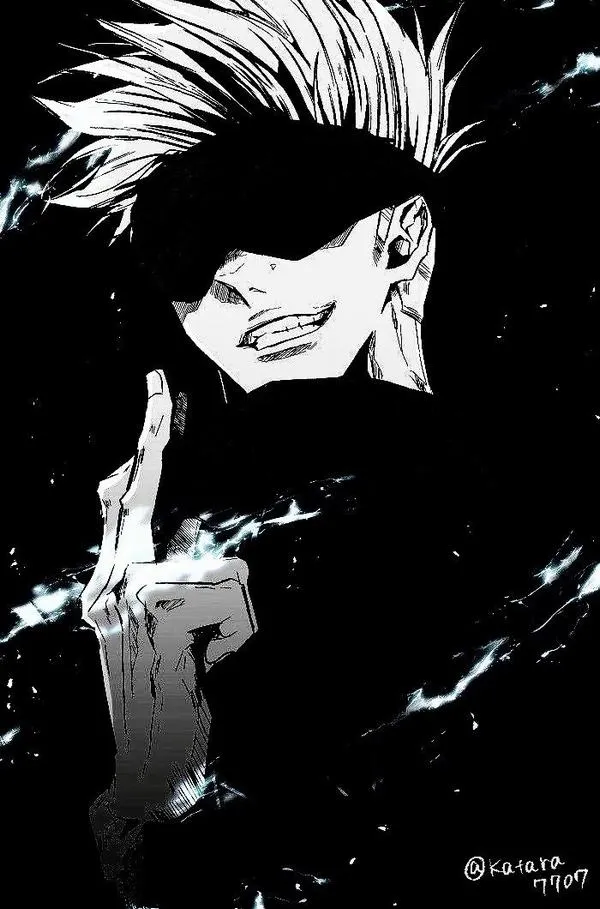 Tấm ảnh Gojo cười lệch, ánh nhìn ngạo nghễ, mảng đen dày như đè cảm xúc xuống.