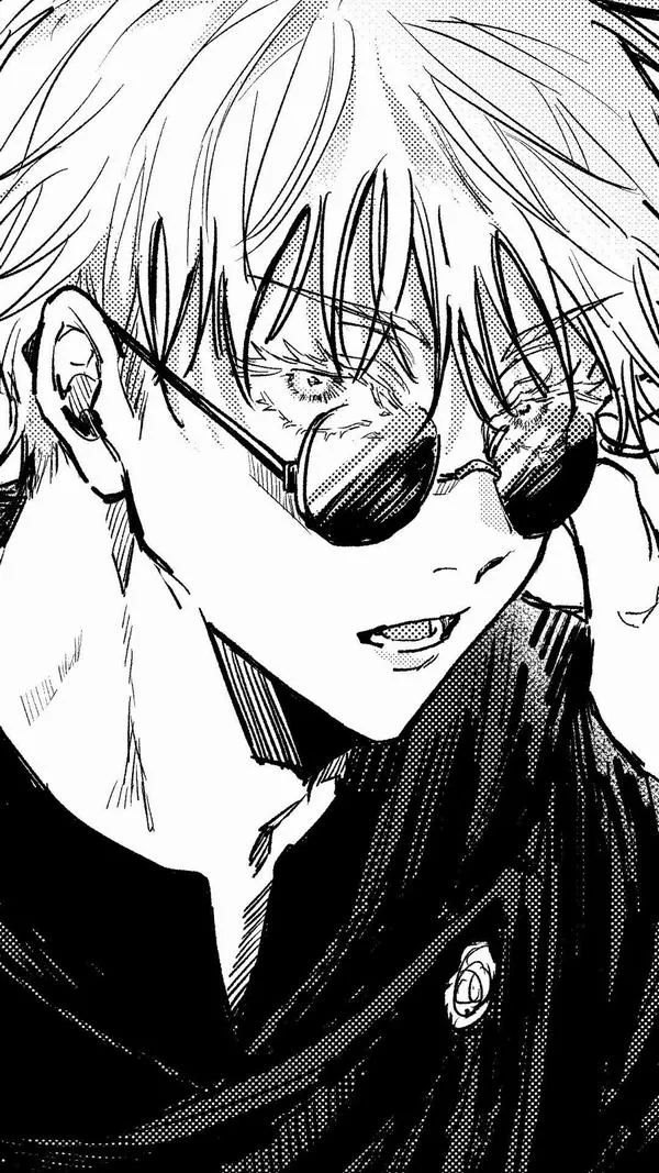 Ảnh fanart Gojo manga, đeo kính đen, nụ cười ngầu, đường lực sắc làm nổi khí chất.