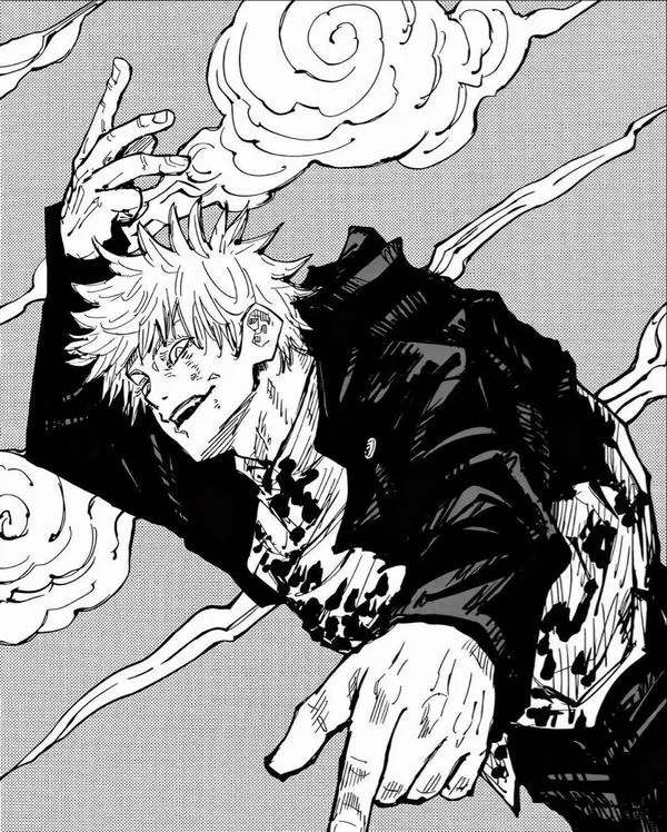 Hình Gojo trắng đen đưa tay ra trước, bố cục dồn dập, vệt tốc độ bạo liệt.