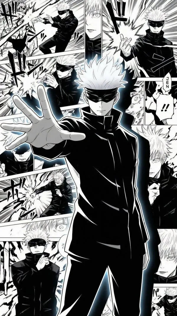 Ảnh Gojo ngầu trong trang phục đen, tay tạo ấn chú, nền khung truyện tương phản mạnh.