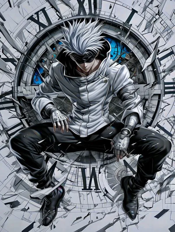 Hình fanart Gojo ngồi như ngai, tông xám xanh, Lục Nhãn nổi bật giữa mảng đen dày.