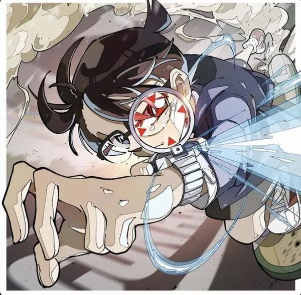 Ảnh Conan chibi giơ tay giữa ánh lửa, tông vàng cam, hợp avatar nổi bật nhưng không sến