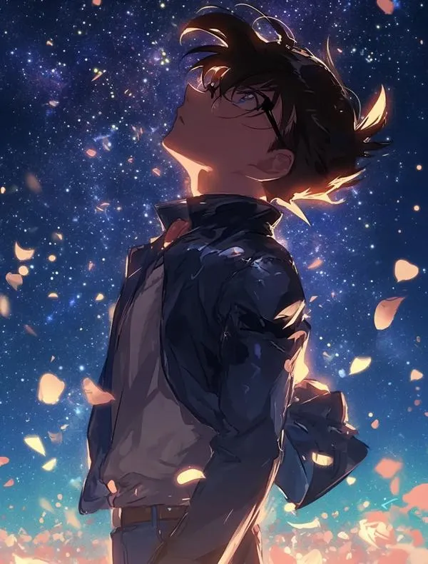 Ảnh Conan mặc hoodie trắng, nền vàng nâu, ánh mắt bình tĩnh, hợp hình nền đẹp kiểu tối giản