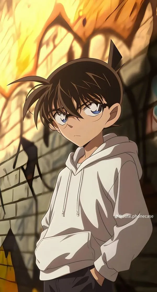 Ảnh anime nhóc thám tử đứng cạnh khung cửa tối, tông đen xanh, cảm giác giữ bí mật rất ngầu