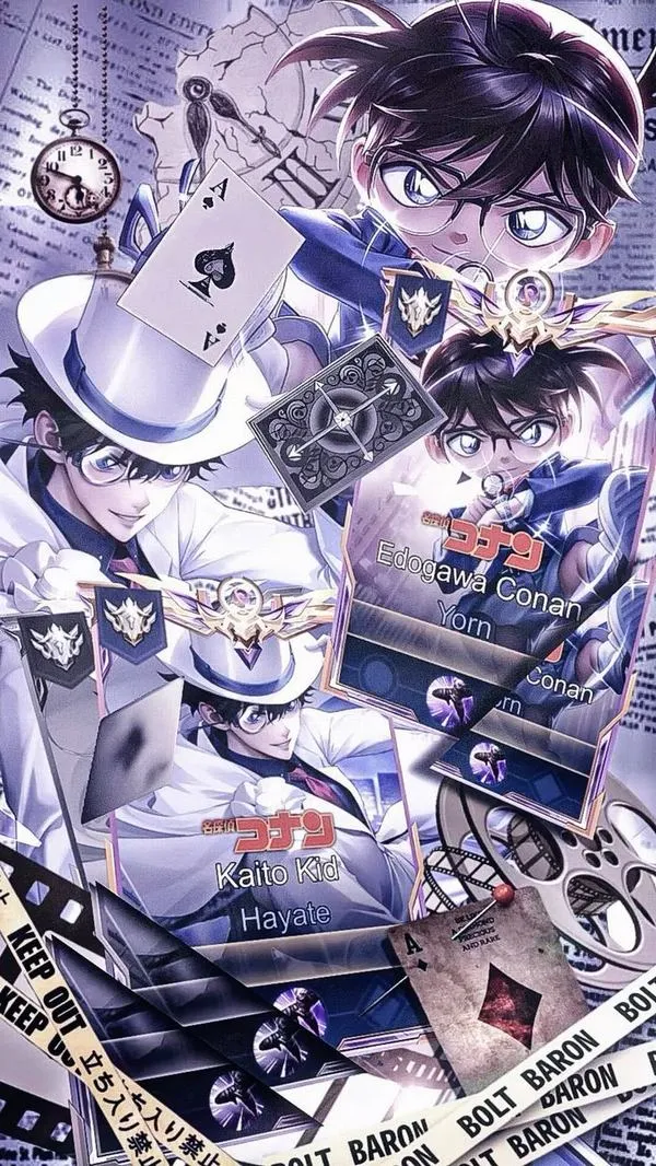 Hình nền Conan ngầu kiểu collage manga, tông tím lạnh, chi tiết kính đen và ánh mắt sắc