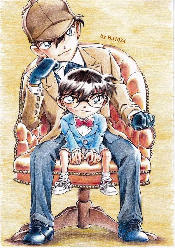 Ảnh fanart Edogawa lạnh lùng ngồi ghế, phía sau bóng Shinichi, vibe im lặng mà áp lực