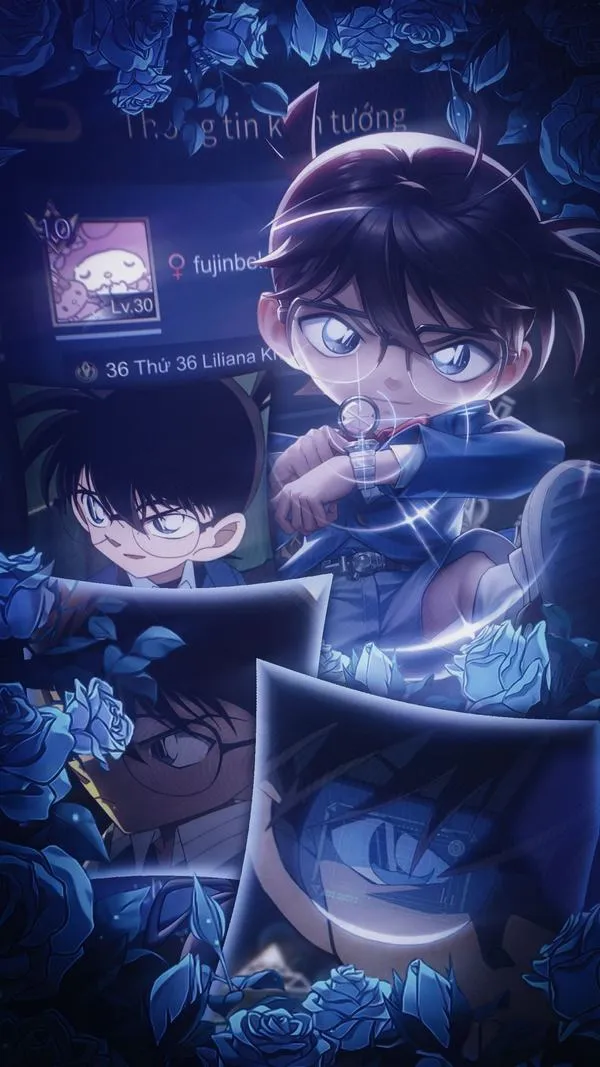 Ảnh Conan trong khung tối nhiều lớp, ánh sáng xanh lấp ló, hợp hình nền điện thoại nhìn bí ẩn