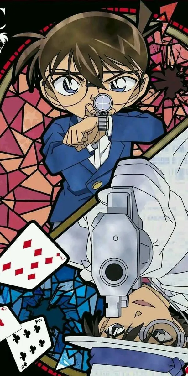 Ảnh Conan cầm bài, nền họa tiết đỏ, kính gọng đen nổi bật, vibe lạnh mà vẫn tinh quái