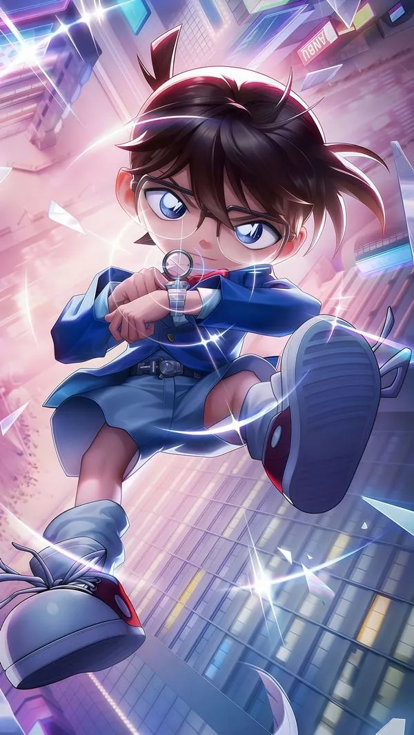 Hình nền Edogawa tạo dáng hành động, tia sáng tím xanh, cảm giác tăng tốc như ván trượt siêu tốc