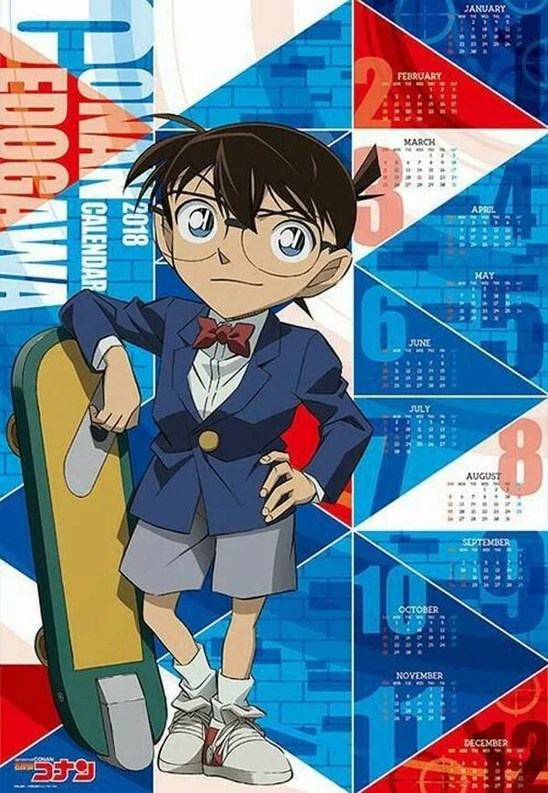 Hình nền Conan kiểu poster, nền xanh đỏ hình học, đứng thẳng bình tĩnh như đang chờ lời thú tội