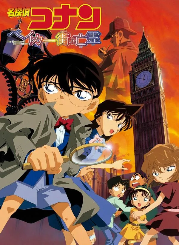 Ảnh anime nhóc thám tử bên đồng đội, tông cam đỏ, không khí phiêu lưu nhưng vẫn có nét lạnh