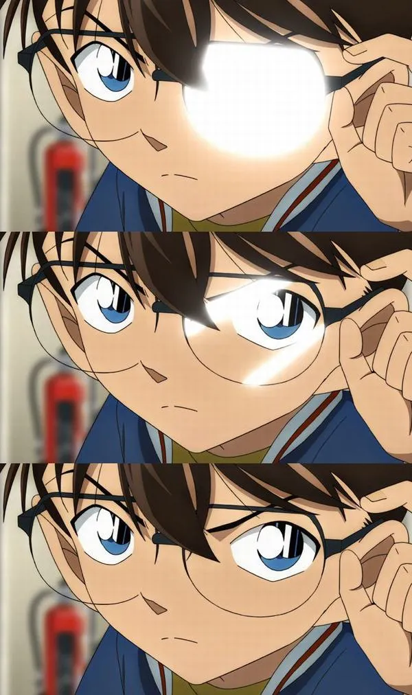 Ảnh fanart Edogawa cận mặt nhiều góc, mắt xanh sắc, nhịp ảnh nhanh tạo cảm giác truy đuổi