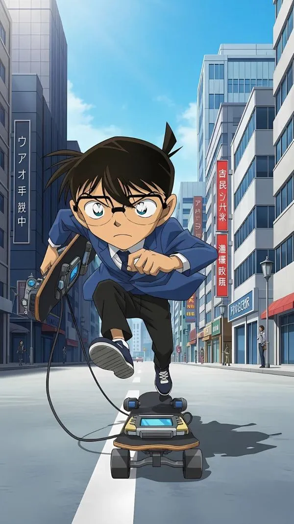 Hình nền Conan trượt ván giữa phố, tông xanh xám lạnh, dáng thấp mà khí chất không nhỏ