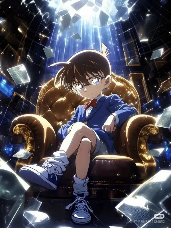 Ảnh Conan ngầu ngồi ghế lớn, ánh đèn xanh, không khí căng như sắp chốt lời phá án