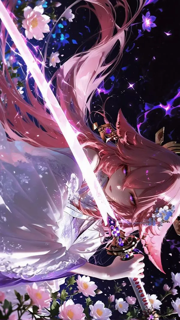 Ảnh anime Raiden Shogun tím hồng, hiệu ứng chém sáng, bố cục dọc mạnh cho android.