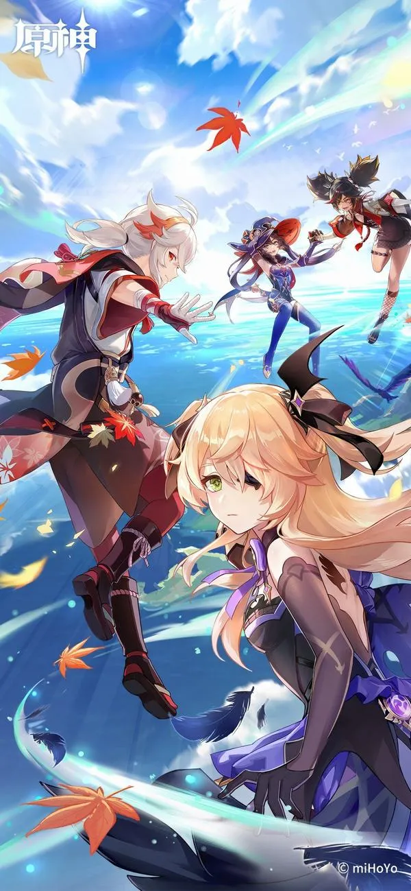 Hình nền Aether và Lumine bay giữa trời xanh, màu dịu, đặt làm mobile trông thoáng mắt.