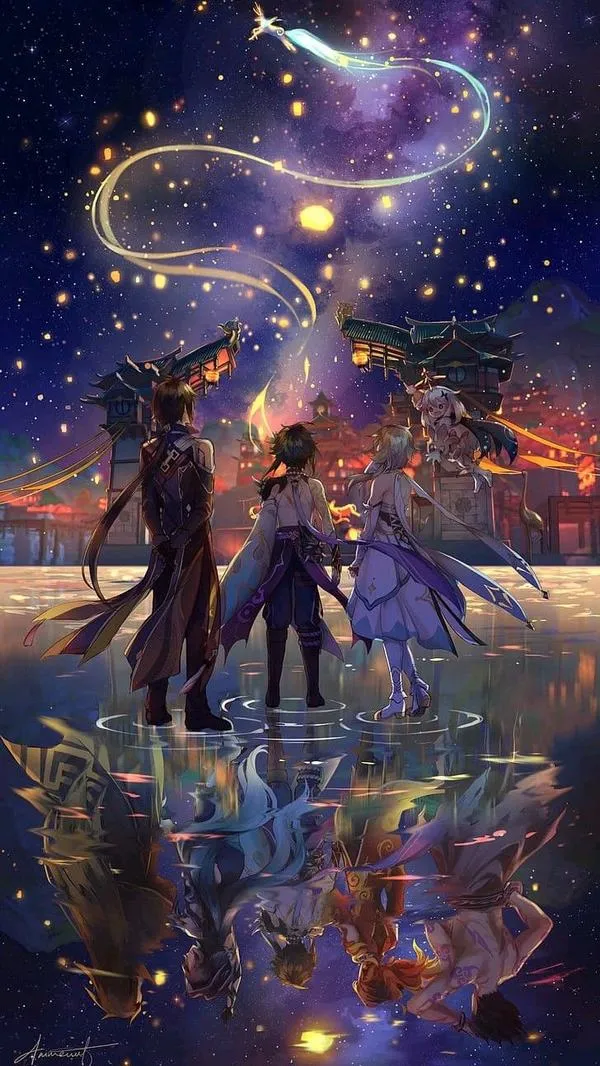 Ảnh anime nhóm Nhà Lữ Hành dưới đêm sao, ánh sáng mềm, hợp màn hình khóa yên bình.