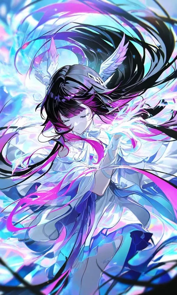 Hình nền Yae Miko ngầu tông xanh tím xoáy, hiệu ứng hạt nhẹ, không làm lóa màn hình.