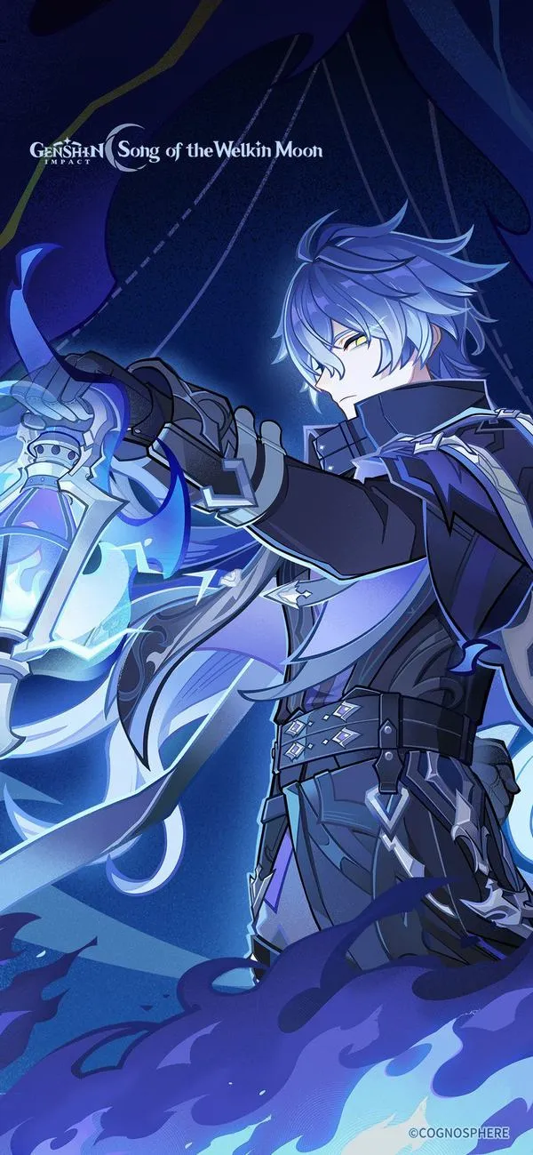 Hình nền Kaeya tông xanh đêm, ánh viền lạnh, bố cục tập trung, hợp dùng ban đêm.