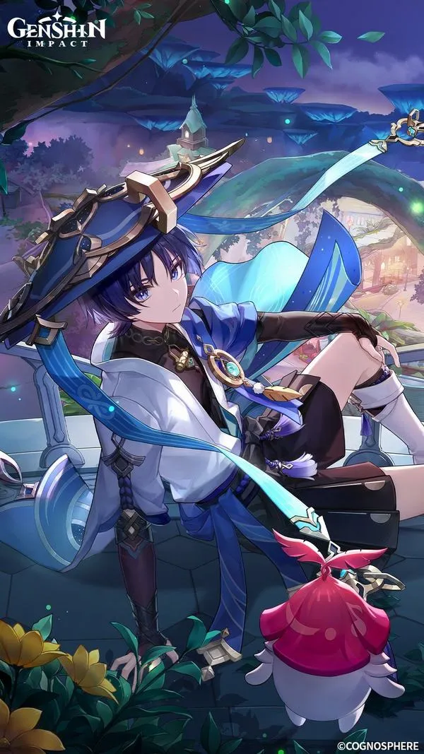 Ảnh fanart Neuvillette tông xanh biển, khung cảnh nước sâu, màu dịu, tạo mood chill trên mobile.