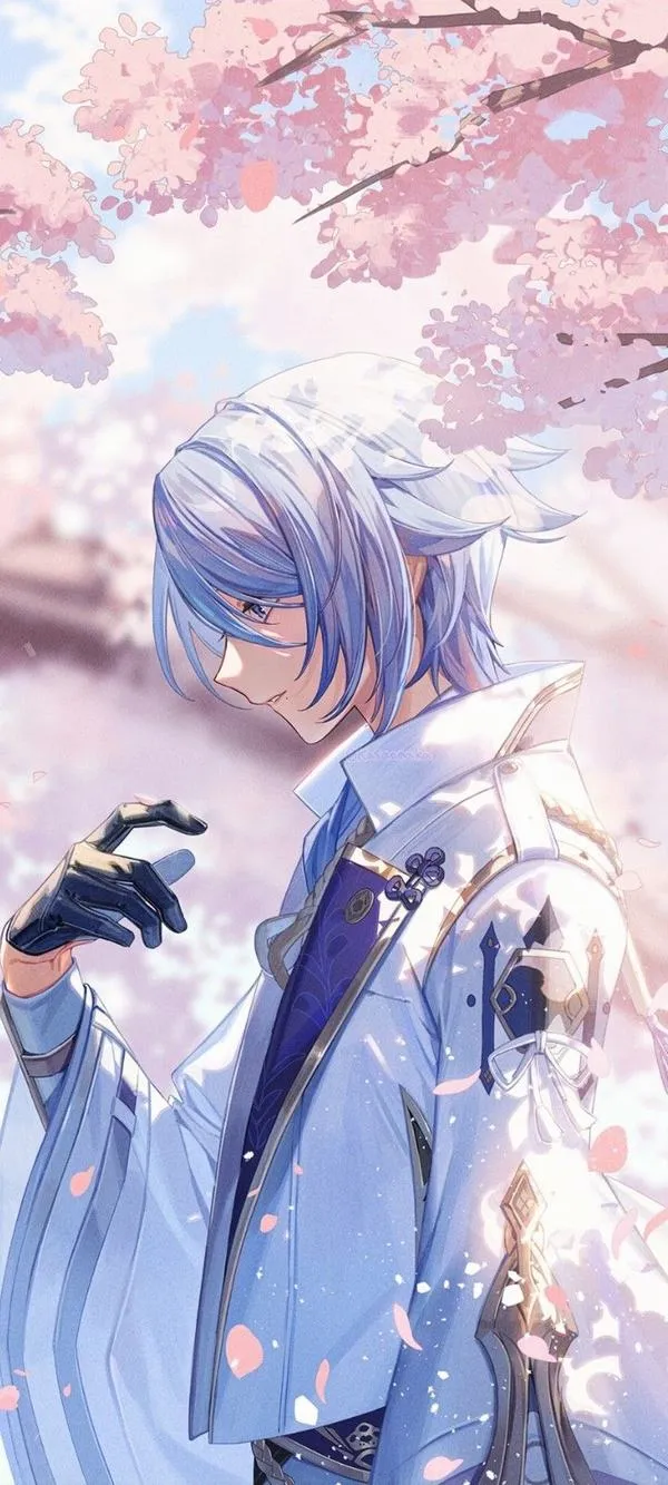 Hình nền Ayaka tông hồng nhạt dưới hoa, không khí dịu, hợp màn hình khóa nhẹ nhàng.